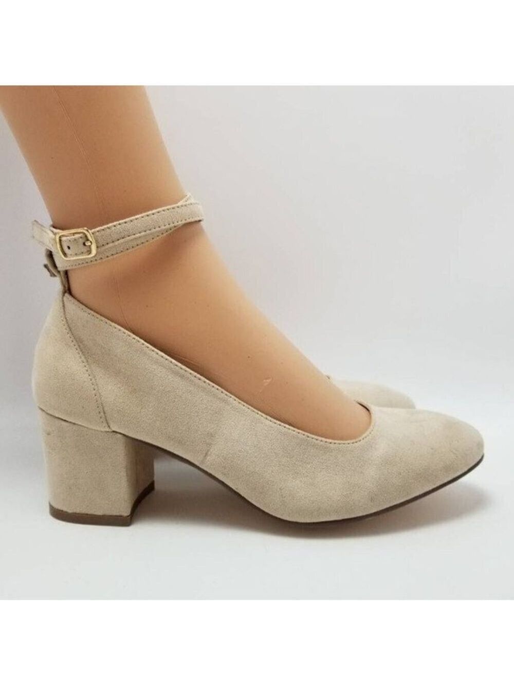 London Rebel Ankle Strap Womens Block Heels Shoes Beige Size EUR 39